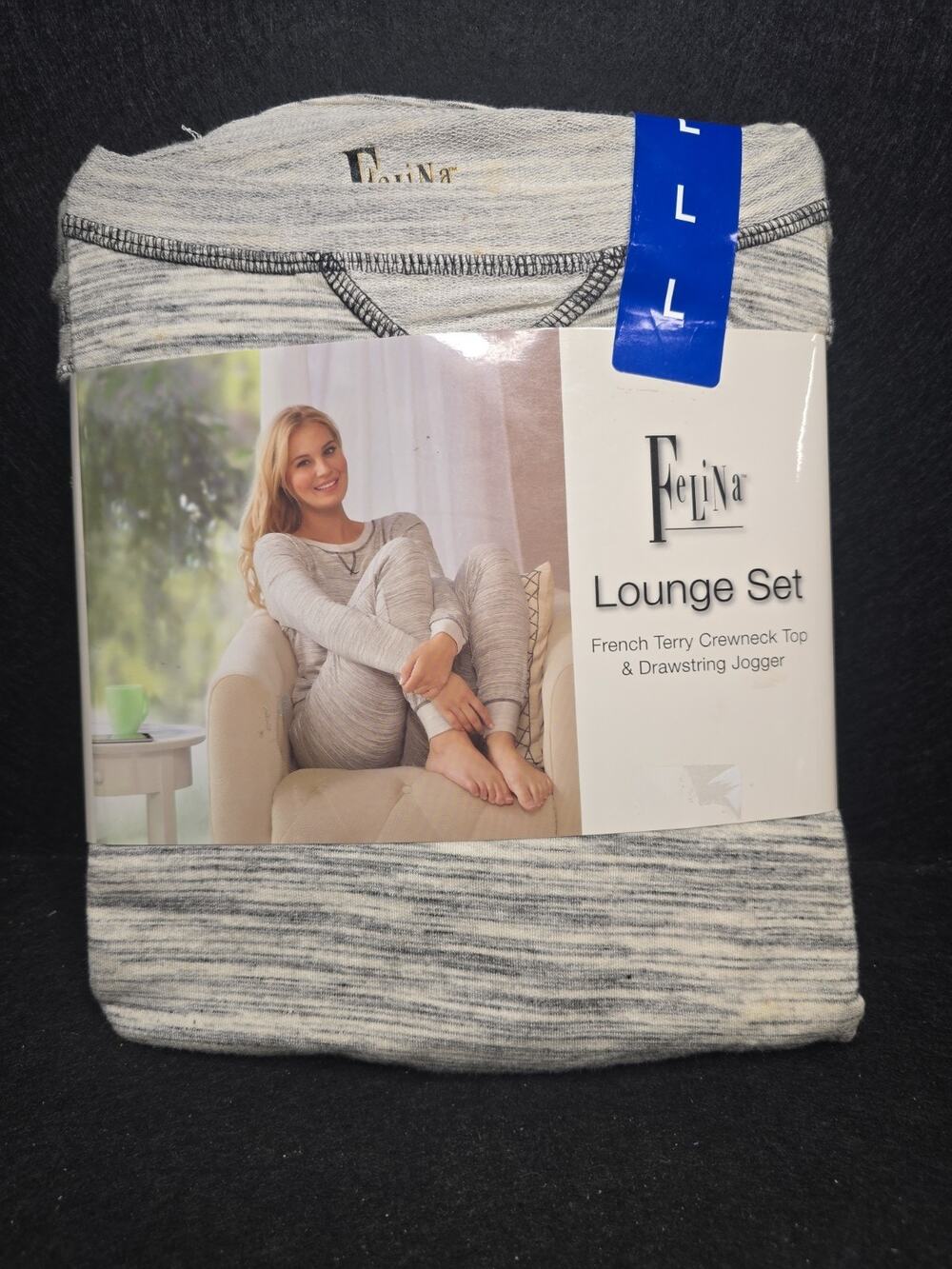 Felina Women's 2 Piece French Terry Crewneck & Drawstring Jogger Grey Blk Large